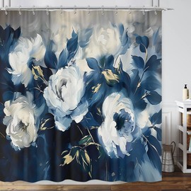 GOAOK Blue Floral Shower Curtain for Bathroom, Abstract Navy Blue Rustic Farmhouse Flowers Shower Curtain Decorative, Modern Minimalist Gray Dark Blue Floal Bathroom Art Decor with Hooks 72"X72"