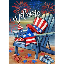 Covido Welcome 4th of July Beach Chair Decorative Garden Flag, Patriotic America Coastal Stars Hat Yard Outside Decorations, American USA Fireworks Burlap Outdoor Small Home Decor Double Sided 12 x 18
