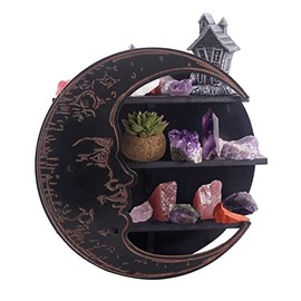 CEFRECO Black Crescent Moon Shelf - Rustic Wooden Crystal Holder for Healing Stones and Essential Oils - Wall-Mounted Crystal Shelf Display for Wall Decor - Witchy Gifts for Women