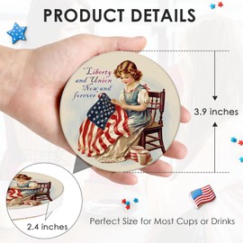 Bribay Coaster for Drinks Set of 6, 4th of July American Flag Vintage America Retro Americana Absorbent Round Ceramic Stone Mat, with Cork Base and Metal Holder, Gift for Housewarming Room Bar Decor