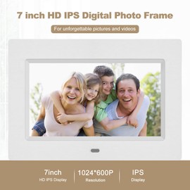 Digital Picture Frame, 7 Inch, HD IPS Screen, Electronic Picture Frame with Remote Control, Photo/Video/Music/Calendar Support, USB SD Card (White)