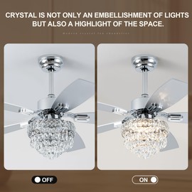 Esiovco Chandelier Ceiling Fans With Lights And Remote,42in Chandelier Fan Ceiling,Crystal Ceiling Fan Fandelier With Lights,6 Speed 3 Timer Quiet ceiling Fans For Bedroom (Chrome, 42 Inch)
