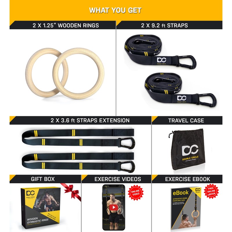 Double Circle Gymnastics Rings with Quick Adjust Numbered Straps and