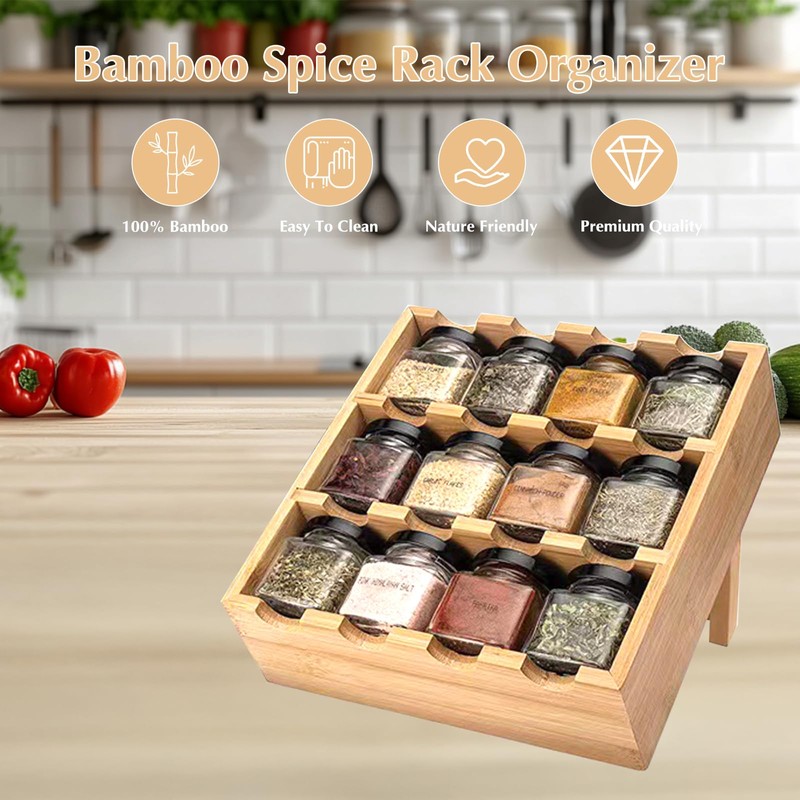 Spice Rack Drawer, Bamboo Spice Drawer Organiser, 3 Levels, Spice