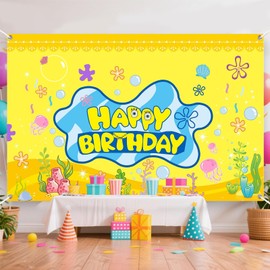 Happy Birthday Cartoon Ocean Backdrop, Yellow Cute Themed Party Decoration for Kids Party Supplies, Backgrounds, Birthday Backdrop, Background Photo-59x39inch/100x150cm