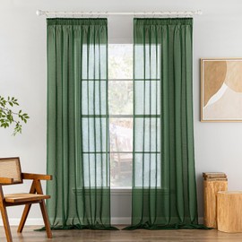 MIULEE Curtains with Ruffle Tape, Set of 2 Curtains with Eyelets, Living Room Sheer Voile Curtains, Transparent, Bedroom, Dark Green, 140 x 225 cm