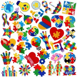 AUGSUN 36pcs Autism Awareness Iron on Patches Autism Awareness Ribbon Embroidered Sew Applique Repair Patch Support Campaign Charity Event DIY Crafts for Clothing Dress Backpack Hat Decorations ﻿