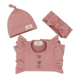 Newborn Baby Clothes - Baby Organic Cotton Long Sleeve Growsuit with Frill Gift Set with matching Style Handband and Beanie for baby girls