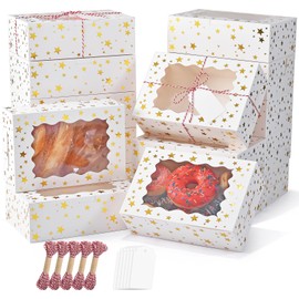 EQOREIIN 36pcs Christmas Cookie Boxes with Window，9x6x3in Bakery Boxes for Cookies, Xmas Gold Foil Star Treat Boxes for Gift Giving，Cookie Tins Pastry Dessert Cupcakes Candy Donut Packaging