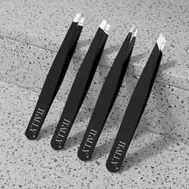 ITALLY 4pcs Tweezers Set - Professional Eyebrows Tweezers - Premium Stainless Steel - Great Precision for any Facial Hair, Splinter, Blackhead & Ingrown Hair Removal (Black)