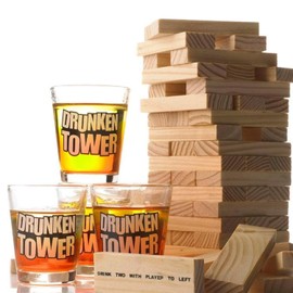 Original DrunkenTower® | Wobble Tower with Penalties | 60 Wooden Parts | 4 Shot Glasses | Drinking Game | Party | OriginalCup®