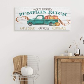 Stupell Industries Turquoise Truck Autumn Harvest Pumpkin Patch Sign, Designed by Kim Allen Canvas Wall Art, 13 x 30, Off-White