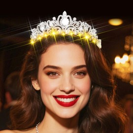 Urieo Light up Rhinestone Tiara LED Silver Crown Headband Glow Wedding Birthday Headpiece for Women