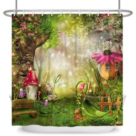 Arrebolart Spring Enchanted Forest Shower Curtain Fairy Mushroom Bathroom Decor Colorful Flower Plant Wonderland Shower Curtain Set for Bathroom Waterproof Fabric with Hooks, 72Wx72L