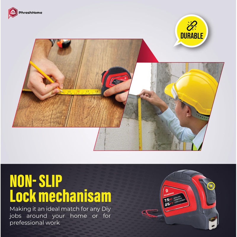 7.5m 25ft Tape Measure, Auto-Lock, Extra Wide 25mm Blade, Metal