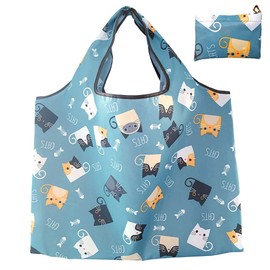 HYMUUNI Large Foldable Shopping Tote Bag Water Resistant Shopping Tote Bag Reusable Eco Waterproof Tote Shopping Bag for Daily Use in Pocket (Cat)