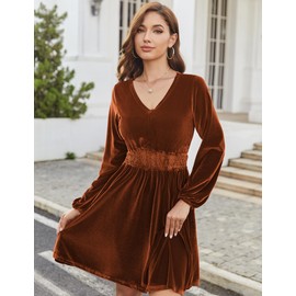 Zeagoo Women's Elegant Velvet Dress Winter Dress Long Sleeve V-Neck A Line Dress Casual Dress High Waist Midi Dress Christmas Dress S-XXL, brown