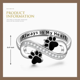 Talonior Paw Print Ring for Women Sterling Silver 925 Infinity Cat Puppy Dog Rings Always In My Heart Memorial Promise Jewelry Birthday Mothers Day Gifts Size 8
