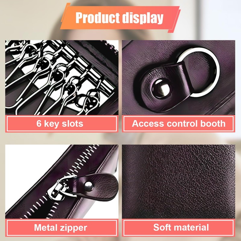 DUSCOKE Leather Car Key Chain Bag with Zipper & 6