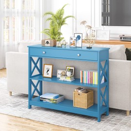 KOTEK Console Table with Drawer and Storage Shelves, Narrow Sofa Table for Living Room, Easy Assembly, 3-Tier Entryway Table with Storage for Hallway (Blue)