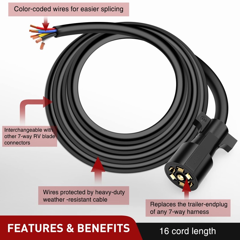 Nilight 16 Feet 7 Way Inline Trailer Cord Heavy Duty