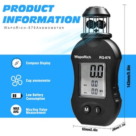 WapoRich Mini Wind Gauge, 360° Cup Anemometer Handheld Wind Gauge Measures Wind Speed 0.7-42m/s with Compass for Sailing, Hunting, Drone Flight RQ-876