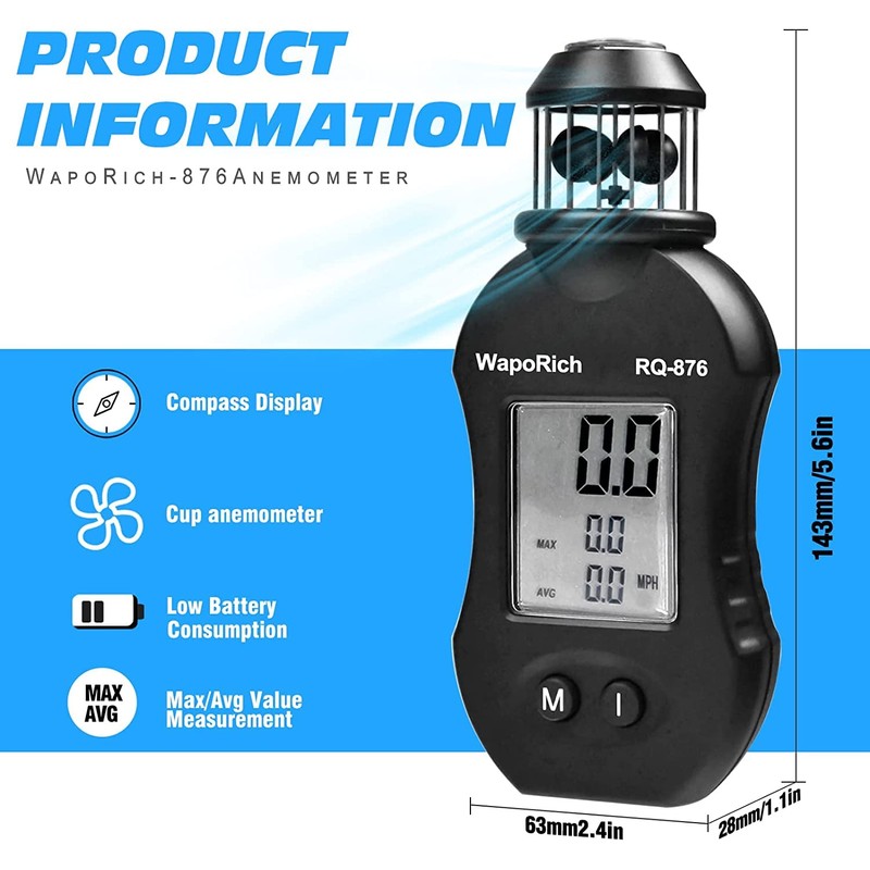 WapoRich Mini Wind Gauge, 360° Cup Anemometer Handheld Wind Gauge