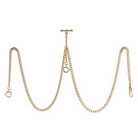 TREEWETO Pocket Watch Double Albert Chain T-Bar Watch Chain Link 16 inch 3 Hooks Gold Classic Antique Fob T Bar