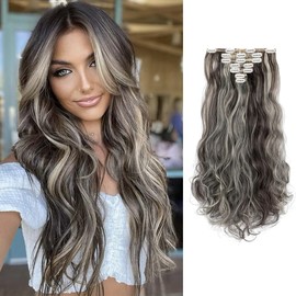 Yekartary Clip in Hair Extensions 7PCS 24 Inch Long Wavy Curly Hairpieces Thick Weft Synthetic Wig for Women Dark Brown Mix Bleach Blonde