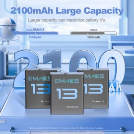 Emaks Rechargeable Battery and Charger for GoPro Hero 13 Go Pro,Includes 3Pack Rechargeable Batteries 2100mAh and 3Channel LED USB Storage Fast Charger Station for Original 13 Hero Black Accessories