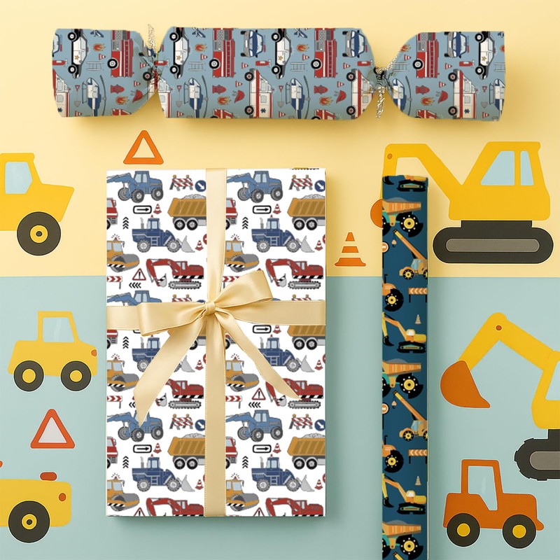 ZJRUI Construction Vehicle Wrapping Paper - 6 Sheet with 3