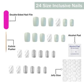 Christmas Press on Nails Medium Square SWEKKE Fake Nails Light Green Full Cover White Snow False Nails with Designs Swirl Glitter Matte Glue on Nails Artificial Acrylic Nails for Women Girls 24Pcs