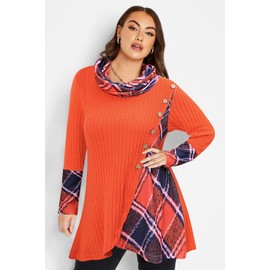 Miusey Women Sweaters for Fall and Winter Cowl Neck Sweatshirt Cozy Cable Knit Pullover to Wear with Leggings Red Orange Plaid 2XL
