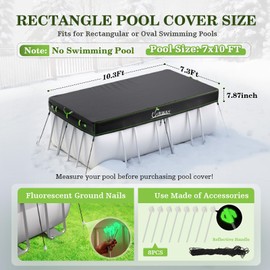 UIRWAY 7x10 FT Winter Rectangular Pool Cover with Reflective Strips, Swimming Pool Cover for Above Ground Pool, Solar Cover Including Rope Tie and Luminous Ground Nails for Rectangular or Oval Pools