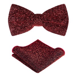 TIE G Men's Glitter Velvet Bow Tie + Pocket Square Set in Gift Box for Wedding, Party : Glittering Effects, Unisex Design (Twinkling Wine)