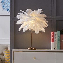 KunMai White Feather Table Lamp with Plug in Wire Modern Feather Lamp 3-Light Bedside Table Lamp for Bedroom Nightstand Lamp Desk Night Light in Gold (White)