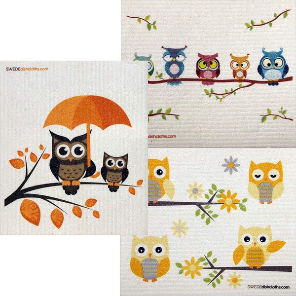 Mixed Owls Set of 3 Cloths (One of Each Design) Swedish Dishcloths | ECO Friendly Absorbent Cleaning Cloth | Reusable Cleaning Wipes