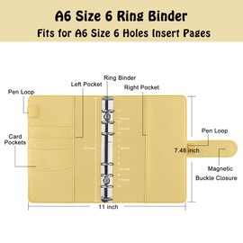 Antner A6 PU Leather Budget Binder Refillable 6 Ring Notebook Binder for A6 Filler Paper, Loose Leaf Personal Planner Binder Cover with Magnetic Buckle, Yellow