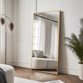 NeuType Full Length Mirror Hanging or Leaning Against Wall, Large Rectangle Bedroom Mirror Floor Mirror Dressing Mirror Wall-Mounted Mirror, Thin Frame,Gold,59"x35",No Stand