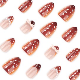 3D Handmade Press on Nails Short Almond Fake Nails with Bow Polka Dot Designs Artificial Brown French Tip Nails Press ons Cute Gel Acrylic Glue on Nails Pearls Stick on Nails for Women Manicure 24Pcs