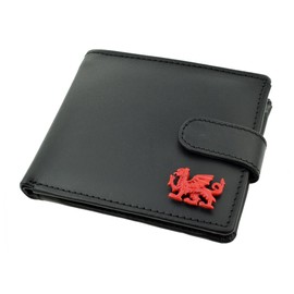Giftsearch Genuine Black Leather Wallet with a Welsh Red Dragon Wales Emblem, 11 x 9.5 cm