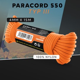 GO!elements 15 m Paracord Rope Made of Tear-Resistant Nylon Cord – 4 mm Paracord 550 Type III Cord – Suitable as All-Purpose Rope & Cord – Max. 250 kg, Colour: Orange