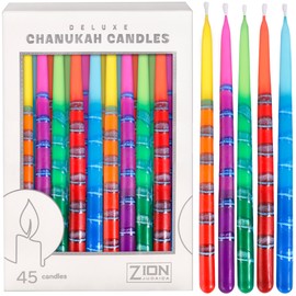 Zion Judaica Colorful Hanukkah Candles 45 Multi-Color Ombre Frosted Chanukah Menorah Candles Fits Standard Menorahs 1-Hour Burn Time DIY Dreidel & Blessing Card for Hanukah Birthdays Parties & Decor