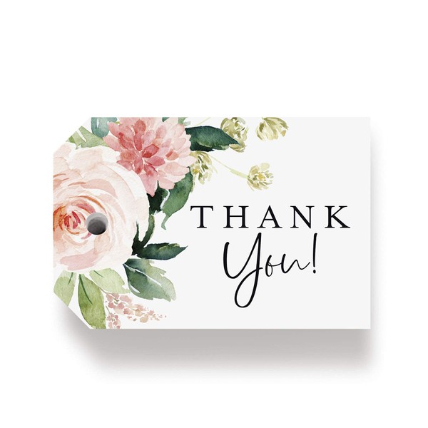 Bliss Collections Boho Floral Favor Thank You Tags — Greenery, Pink Blush Flower Design, Perfect for: Wedding Favors, Baby Shower, Bridal Shower, Birthday or Special Event — 50 Pack