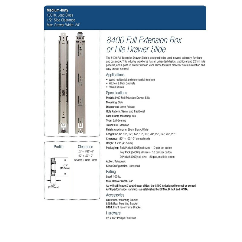 Knape & Vogt Side Mount Full Extension Drawer Slide, 12-Inch,