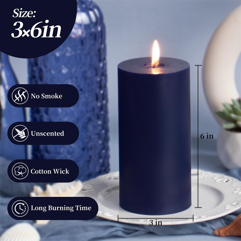 KONNI Navy Blue Pillar Candles Set of 3, 3"x 6"