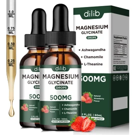 dilib Magnesium Glycinate Liquid Drops Supplement, with Magnesium Glycinate 500mg Ashwagandha, L - Theanine, Chamomile -Support Stress Relief, Bone, Muscle, Mood Strawberry Flavor 2Pack