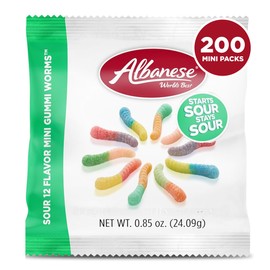 Albanese World's Best Sour 12 Flavor Mini Gummi Worms | 0.85oz Bag of Candy, Pack of 200 | 12 Unique Sour Flavors, Gluten Free, Fat Free, Soft & Chewy Worms | Perfect Travel Snack & Treat for Kids