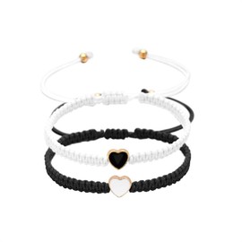 Set of 2 Colorful Heart Beaded Matching Bracelets for Couples and Friendships Pinky Promise Heart Braided Leather Rope Bangle Wrist Adjustable Bracelets Valentines Gifts- White & Black