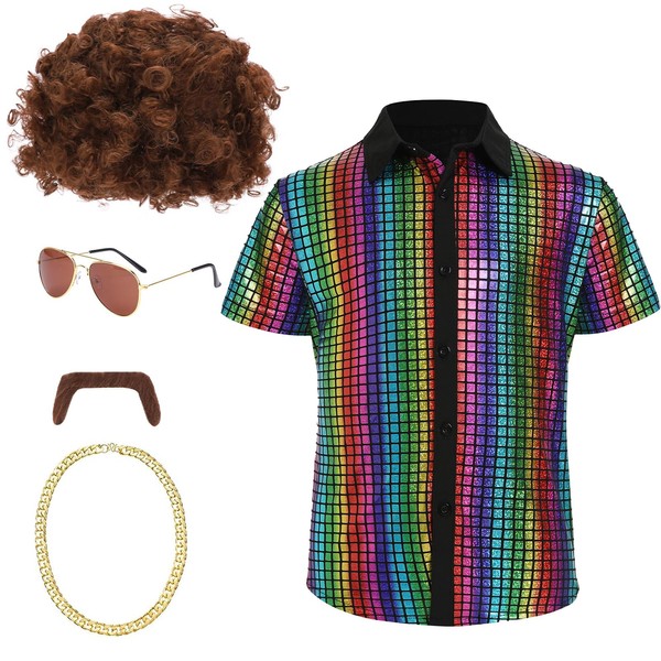 KDVOG Kids 60s 70s Disco Costume, Boys Sequins Shirts Funky Afro Wig Sunglasses Necklace and Moustache for Halloween Cosplay